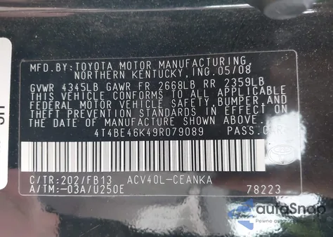 2009 Toyota Camry Le из США, поврежденный, VIN 4T4BE46K49R079089